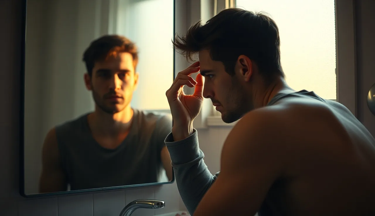 Young man sitting at bathroom mirror examining his hairline in morning light
