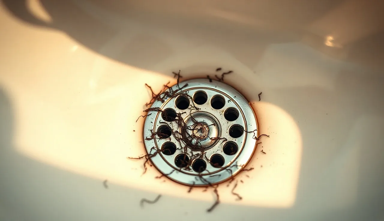 Hair strands collected in a bathroom sink drain illustrating telogen effluvium shedding
