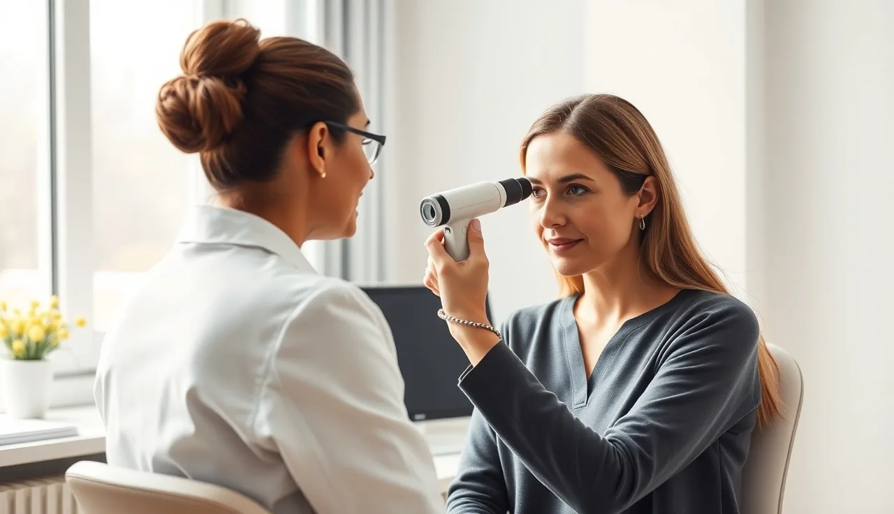Dermatologist examining a woman's scalp with a dermatoscope to diagnose telogen effluvium