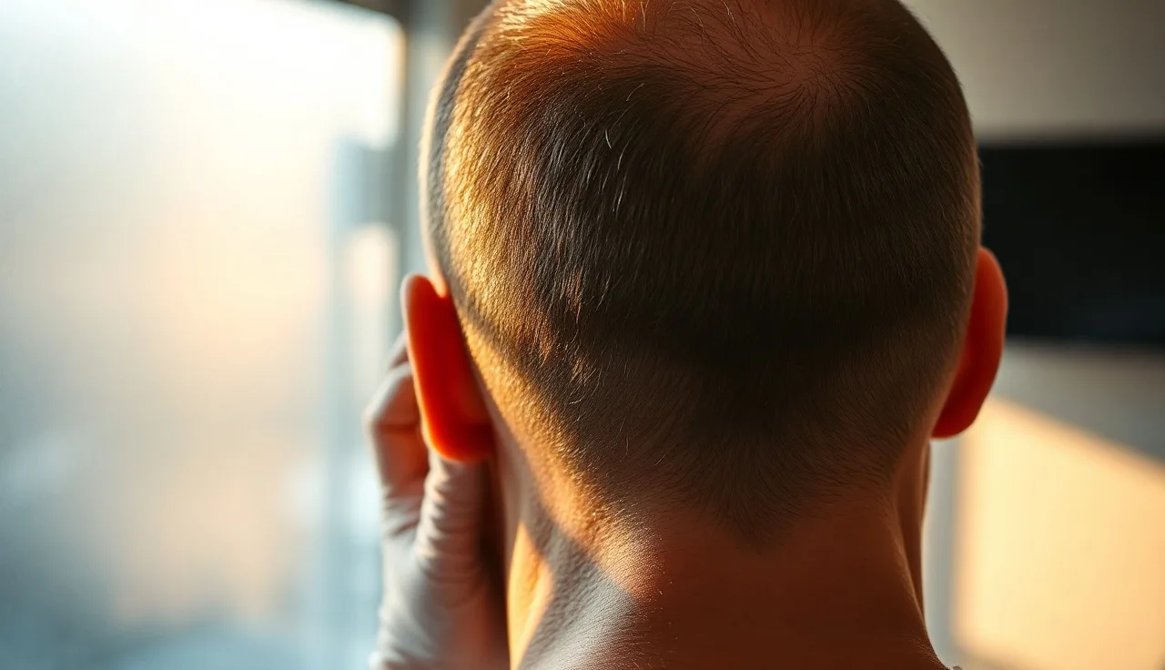 Physician examining a man's donor zone scalp before a hair transplant procedure