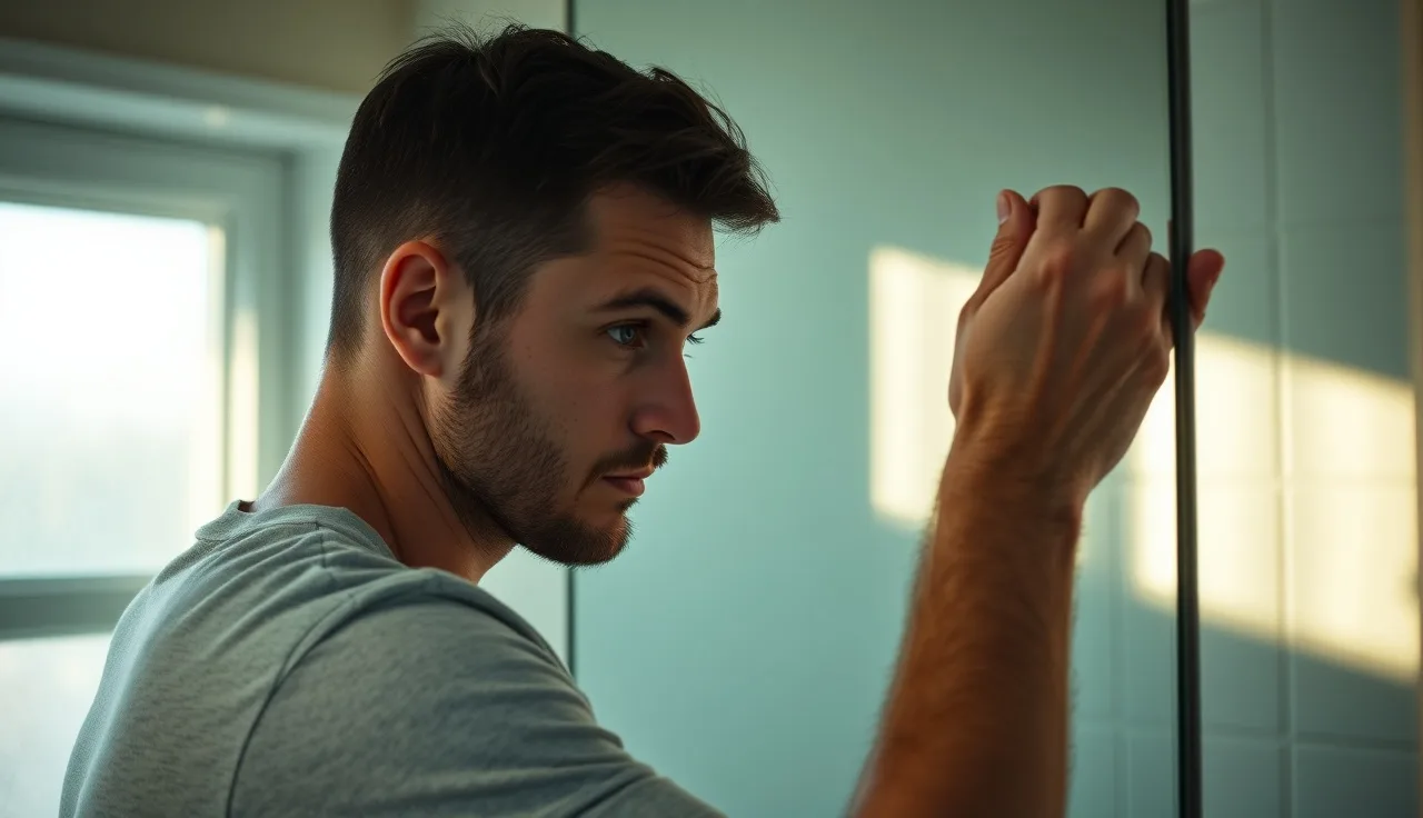 Man checking his hairline in bathroom mirror, finasteride results timeline
