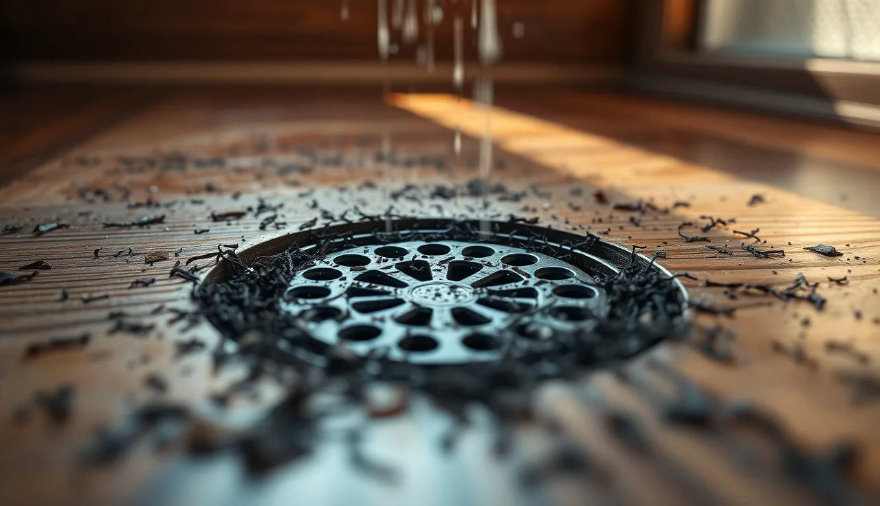 Shed hairs around a bathroom drain illustrating telogen effluvium hair loss