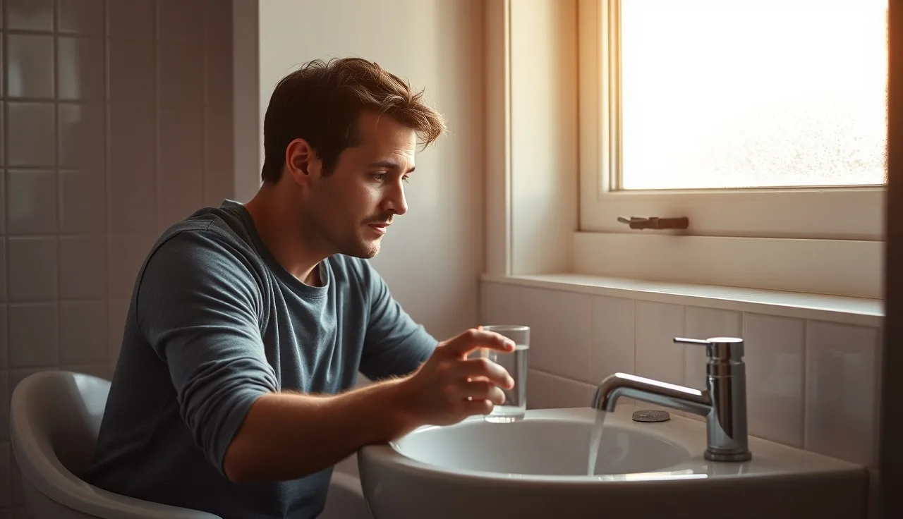 Man at bathroom sink holding finasteride tablet in morning light