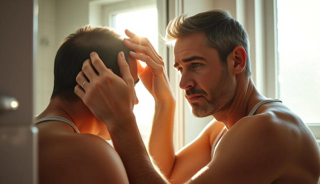 Man examining his scalp in a bathroom mirror evaluating hair transplant progress