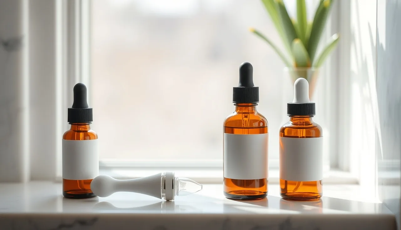 Three hair loss treatment bottles and a dermal roller on a marble shelf