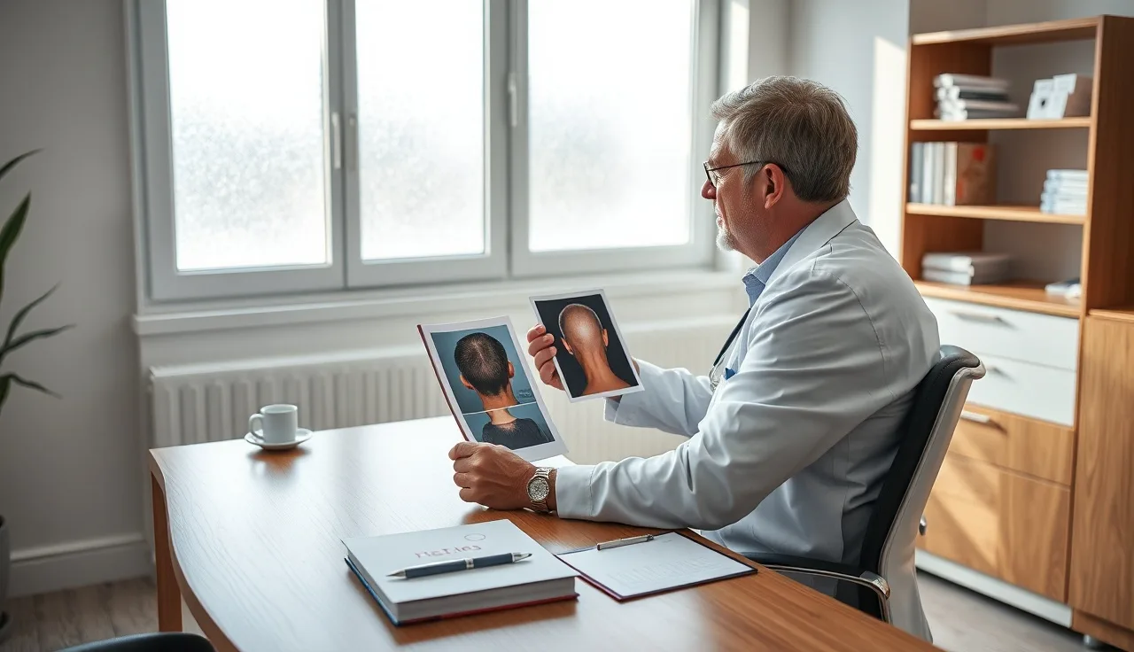 Man reviewing hair transplant consultation photos with a physician in a clinic