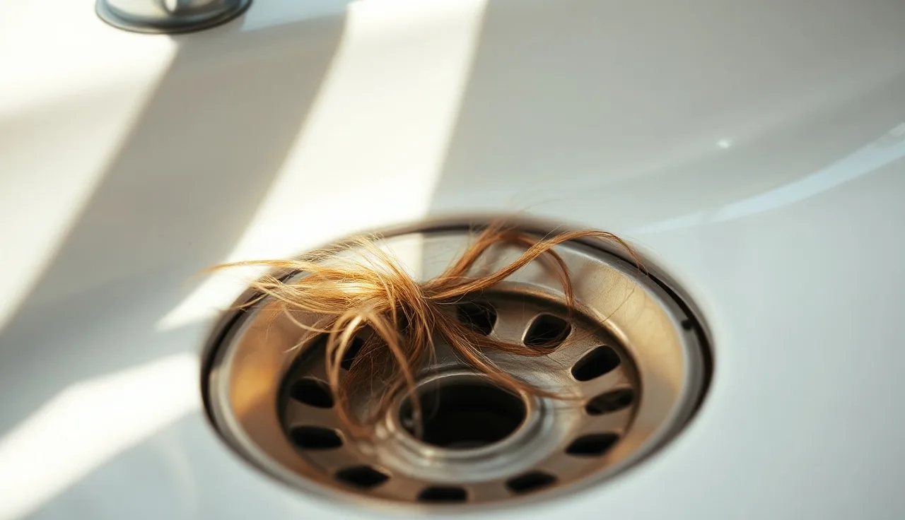 A few shed hairs resting on a white bathroom sink drain in morning light