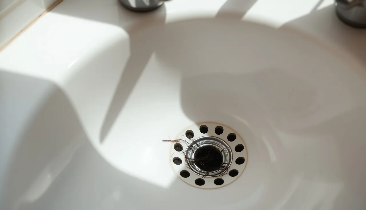 A few shed hairs visible on a white bathroom sink drain in morning light
