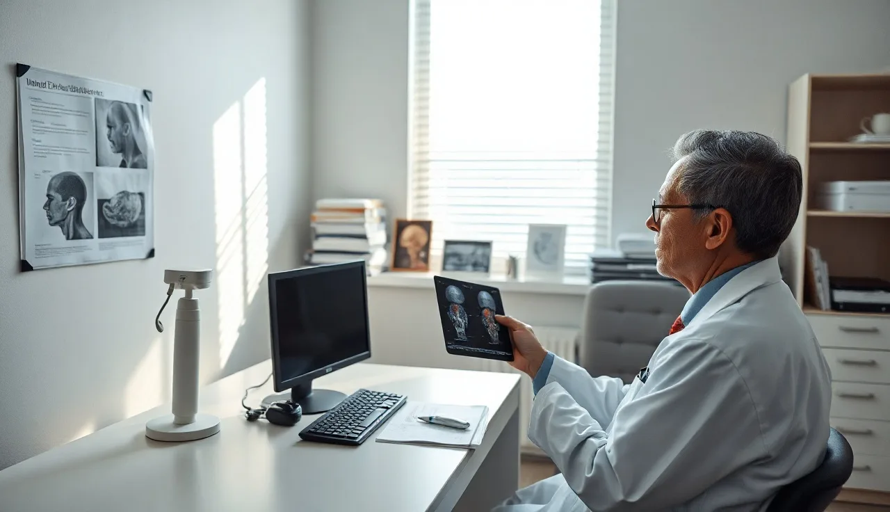 Doctor reviewing hair transplant scalp photographs in a medical consultation room