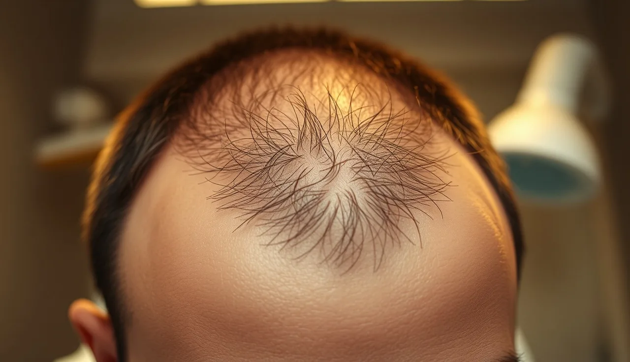 Close-up of a man's scalp showing early hair regrowth after hair transplant surgery