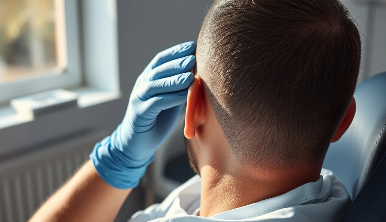 Surgeon examining the back of a patient's scalp after FUT strip surgery