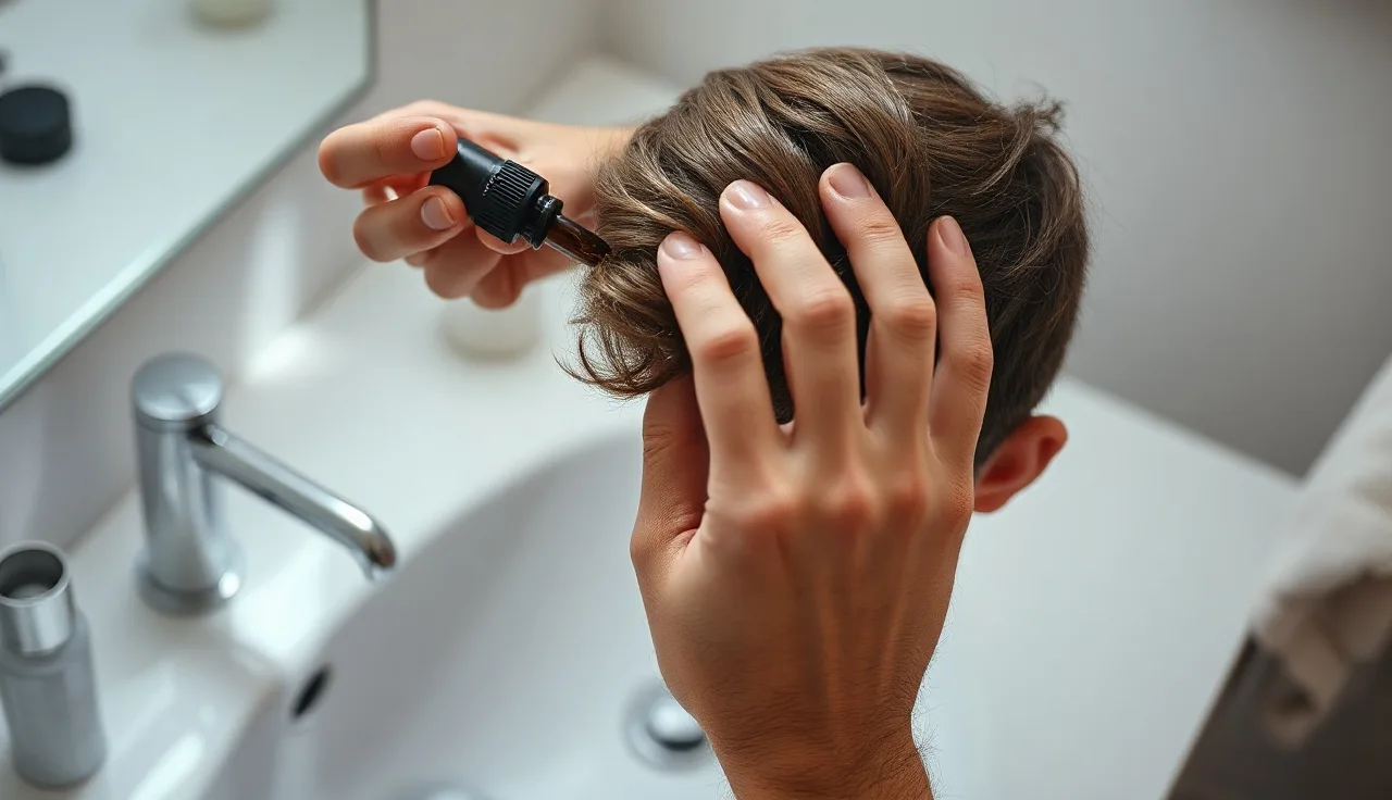 Man parting hair at crown to apply minoxidil drops with a dropper