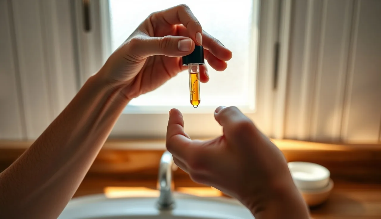 Hands holding a minoxidil dropper above a parted scalp ready for application