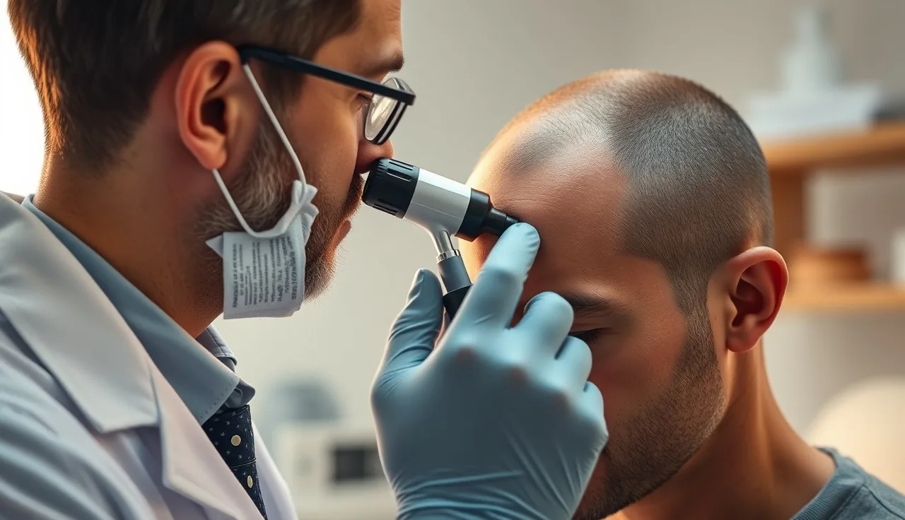 Dermatologist using a trichoscope to assess scalp density after hair transplant