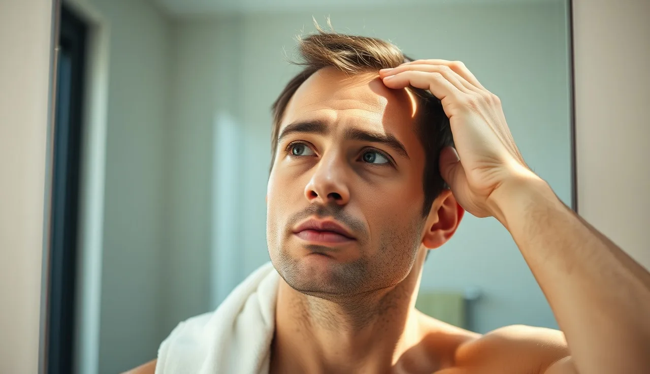 Man examining his hairline and temples in a bathroom mirror under natural morning light