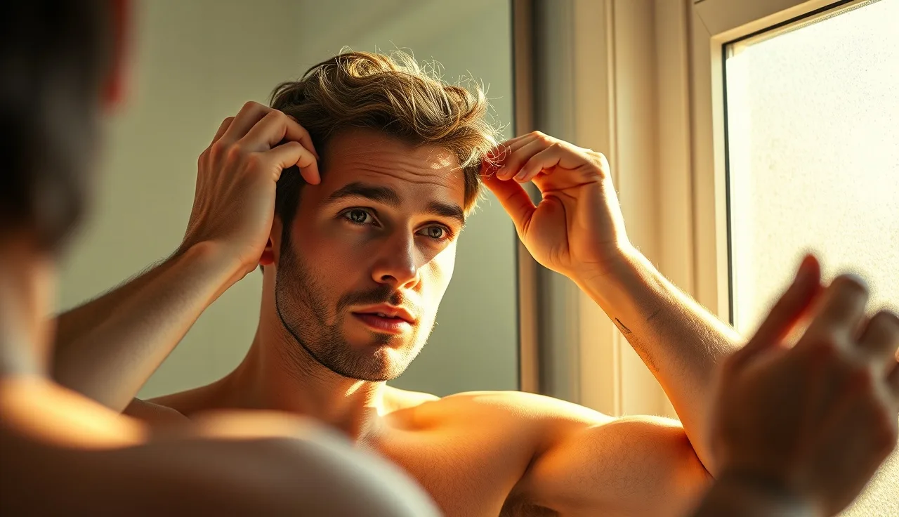 Man examining his hairline closely in a bathroom mirror during morning light