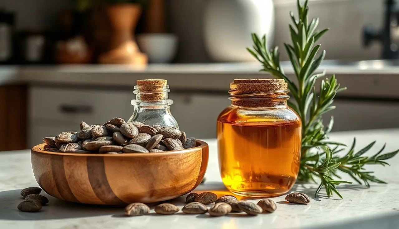 Pumpkin seeds, rosemary, and oil on a kitchen counter representing natural DHT-blocking ingredients