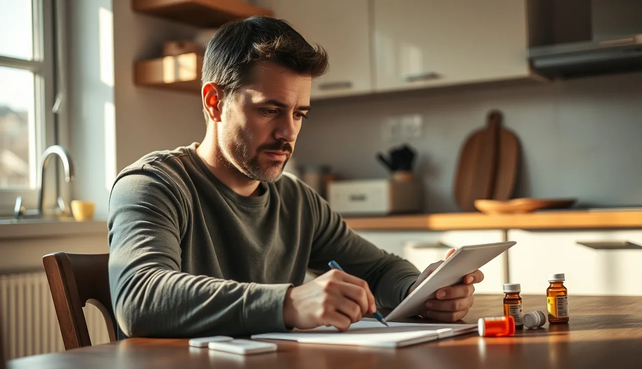 Man reviewing hair loss treatment costs at kitchen table with medication bottles