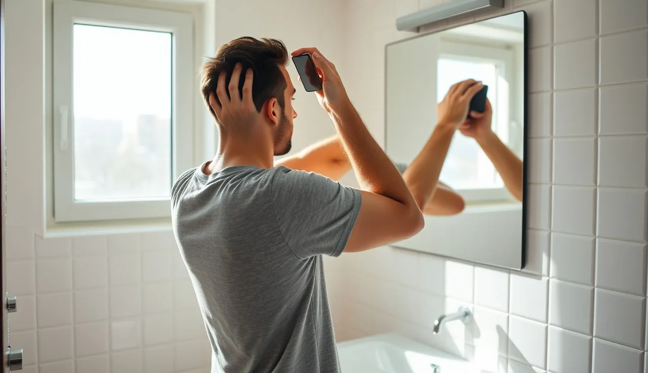 Man using two mirrors to inspect his hairline and crown in a bathroom
