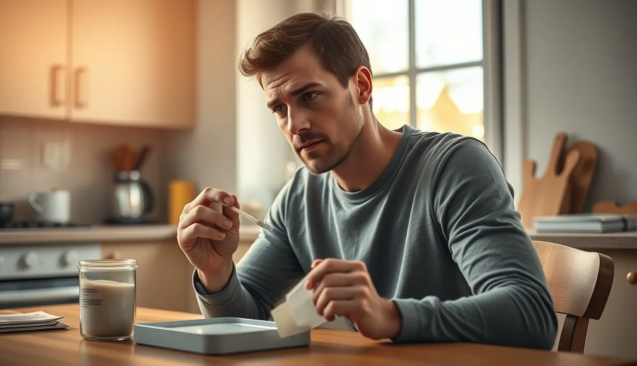 Man examining a genetic testing swab kit at home in morning light
