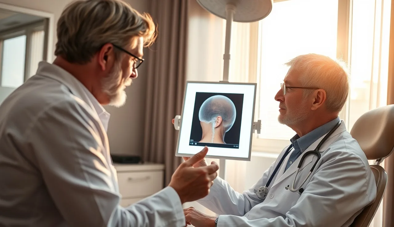 Physician and patient reviewing scalp photographs during a hair transplant consultation
