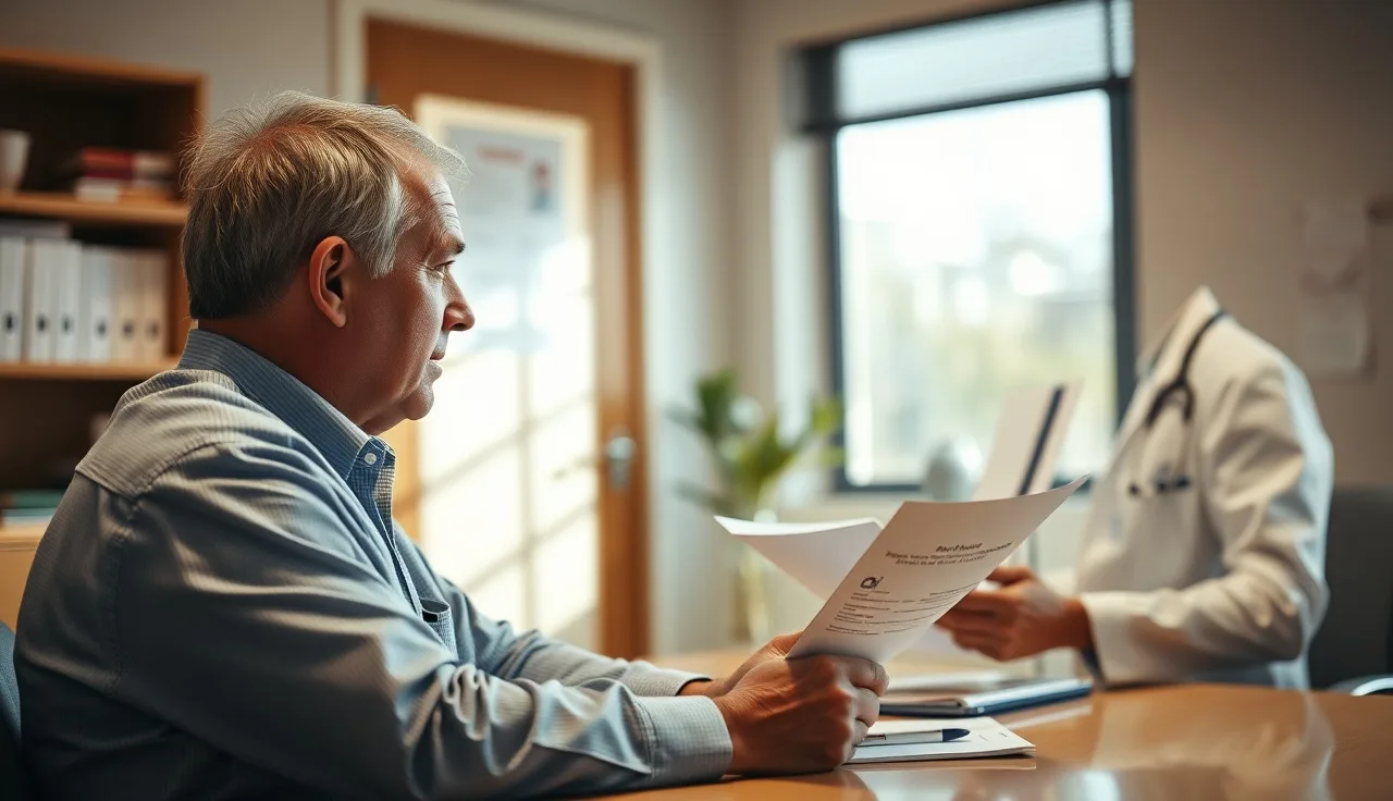 Man with thinning hair at a cardiology consultation discussing hair loss treatment options