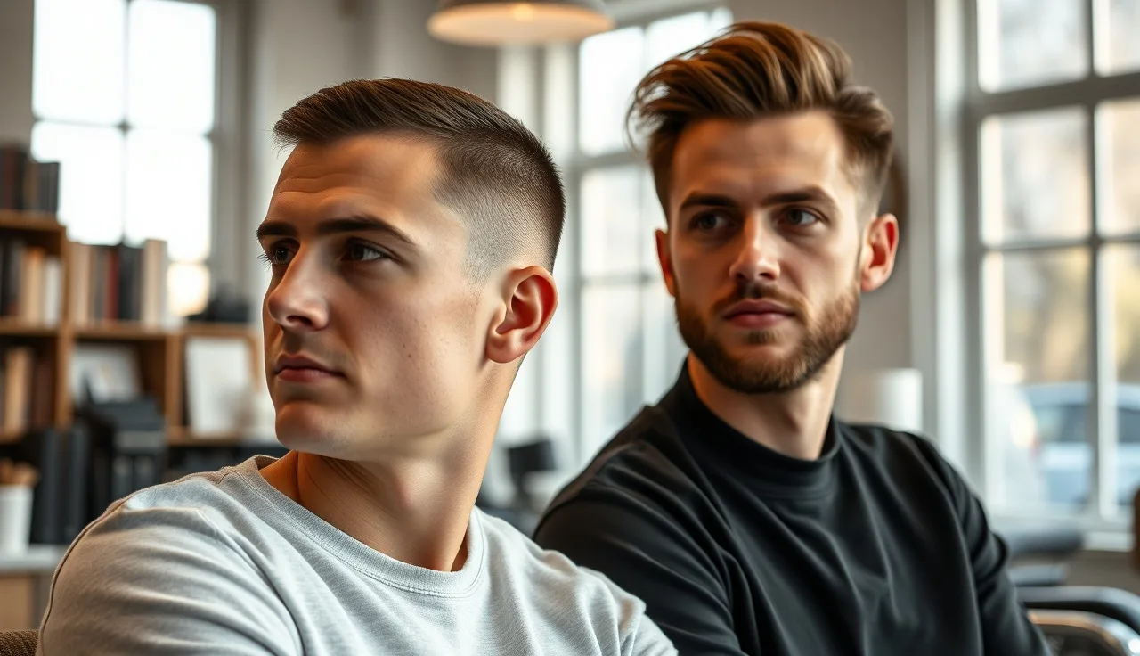 Two men in a barbershop comparing hairline appearances in natural light