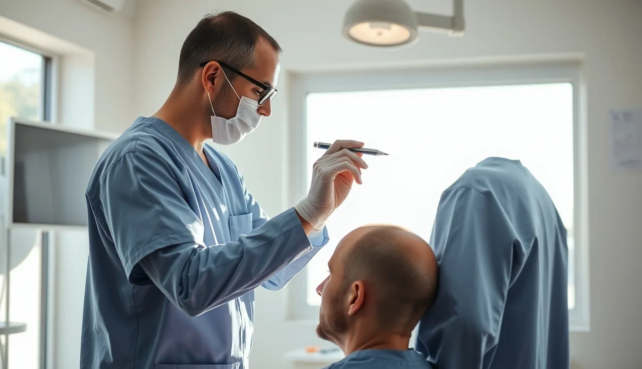 Surgeon marking hairline design on patient scalp before hair transplant surgery