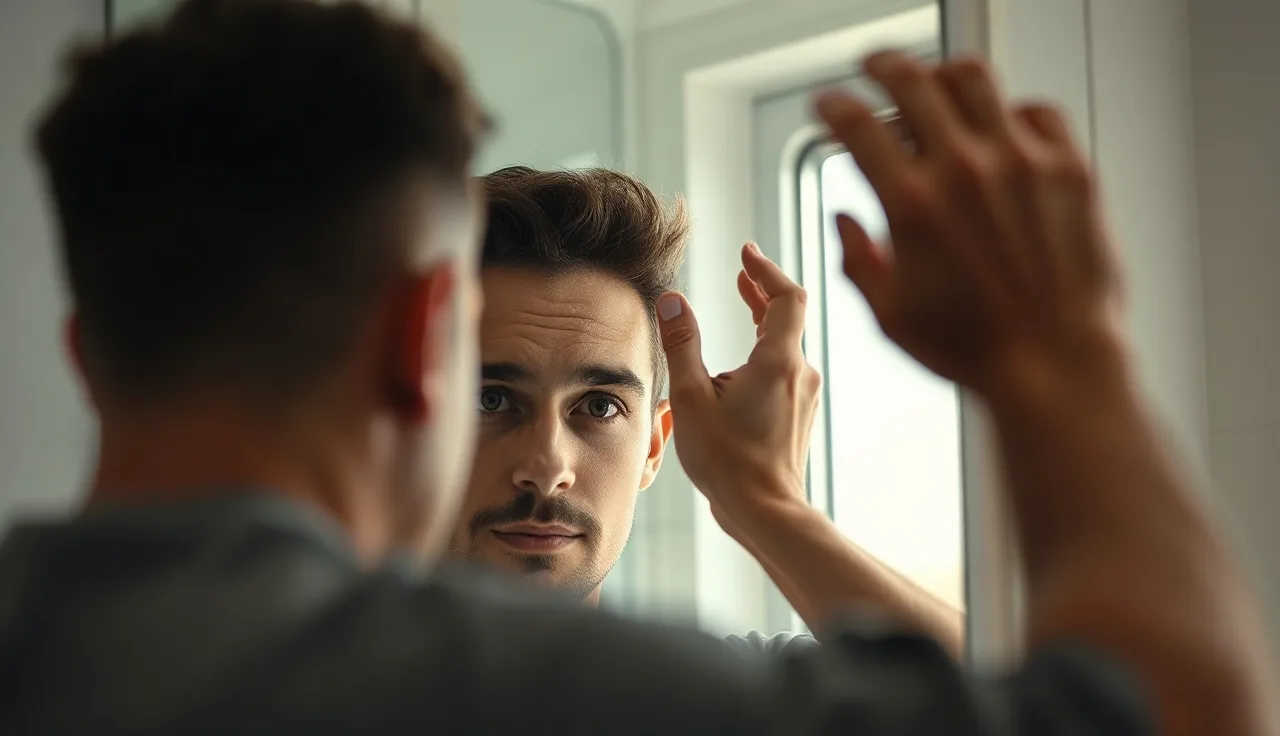 Man examining receding hairline in bathroom mirror under natural morning light