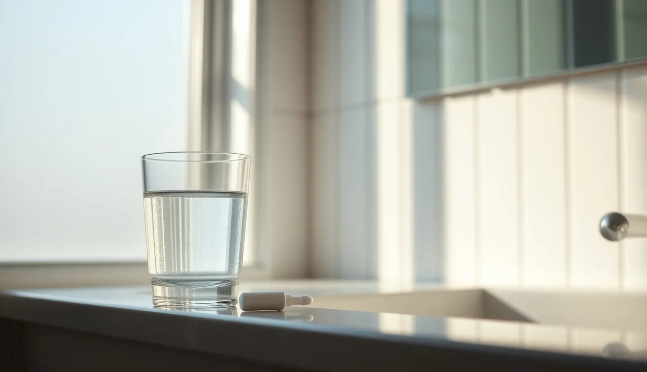 Morning hair loss treatment protocol: pill, dropper bottle, and water glass on bathroom counter