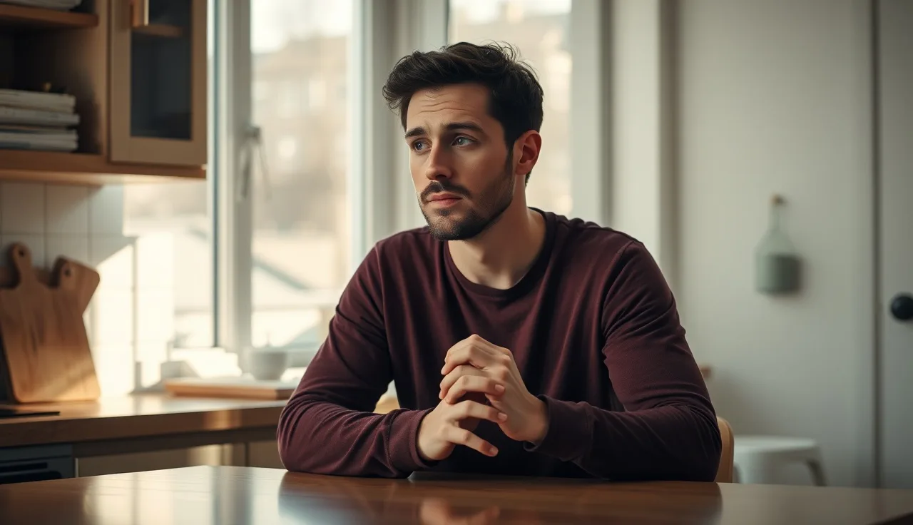 Man sitting at kitchen table looking out window, showing hair loss anxiety