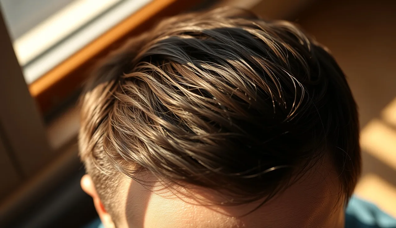 Man's scalp with mixed straight and wavy regrowth visible in natural morning light