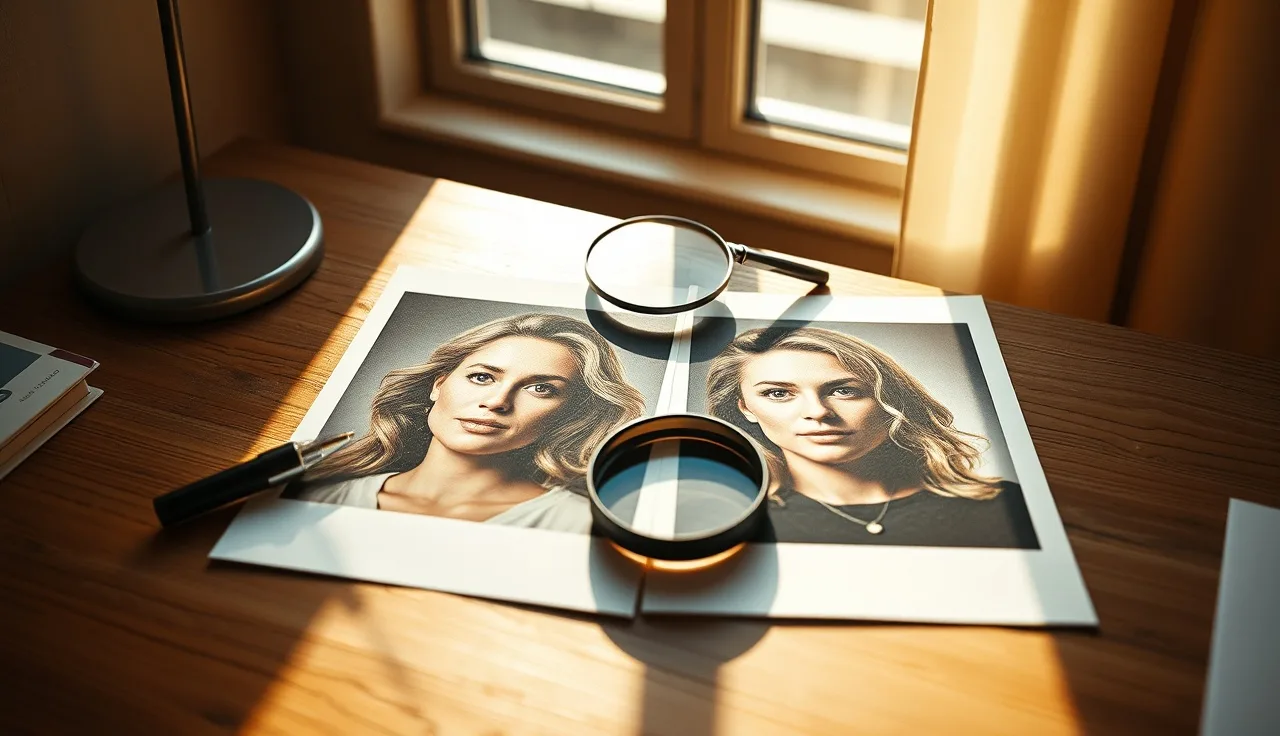 Two before and after portrait photos on a desk with a magnifying glass for scrutiny