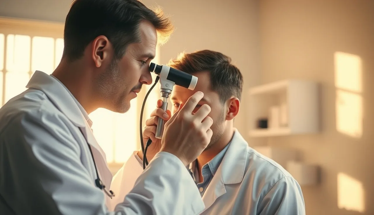 Dermatologist examining a patient's scalp with a dermatoscope in a clinic