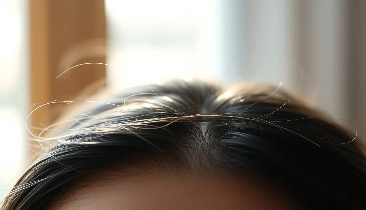 Close-up of scalp parting showing fine miniaturized hair among thicker terminal hairs