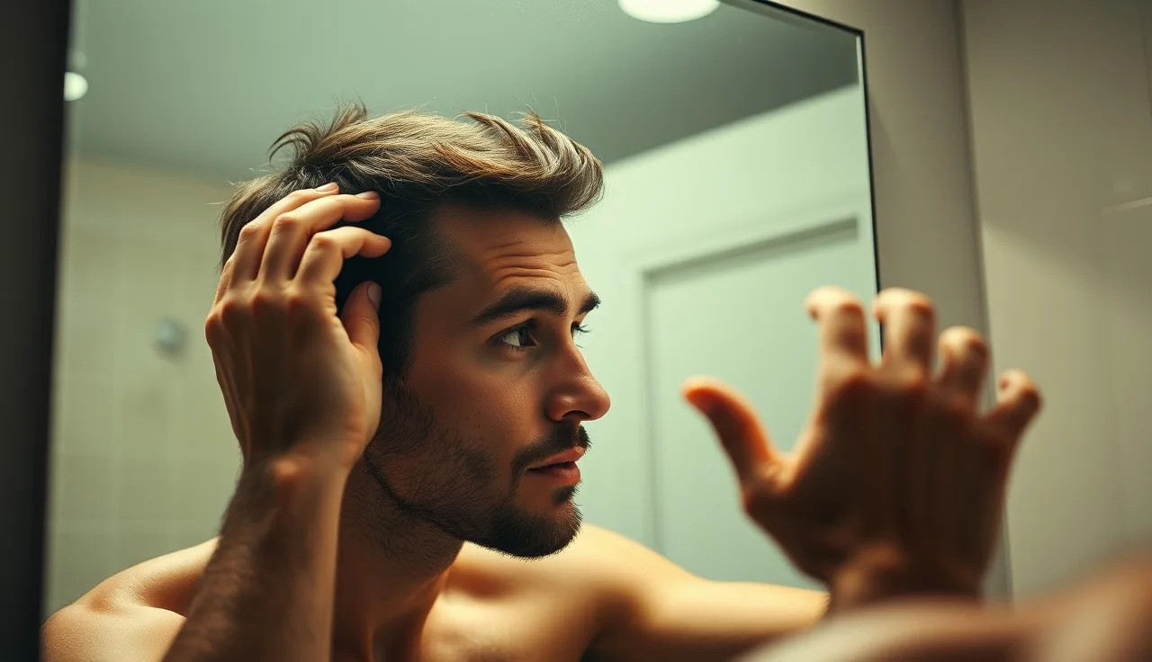 Young man checking his hairline in a bathroom mirror under bright overhead light
