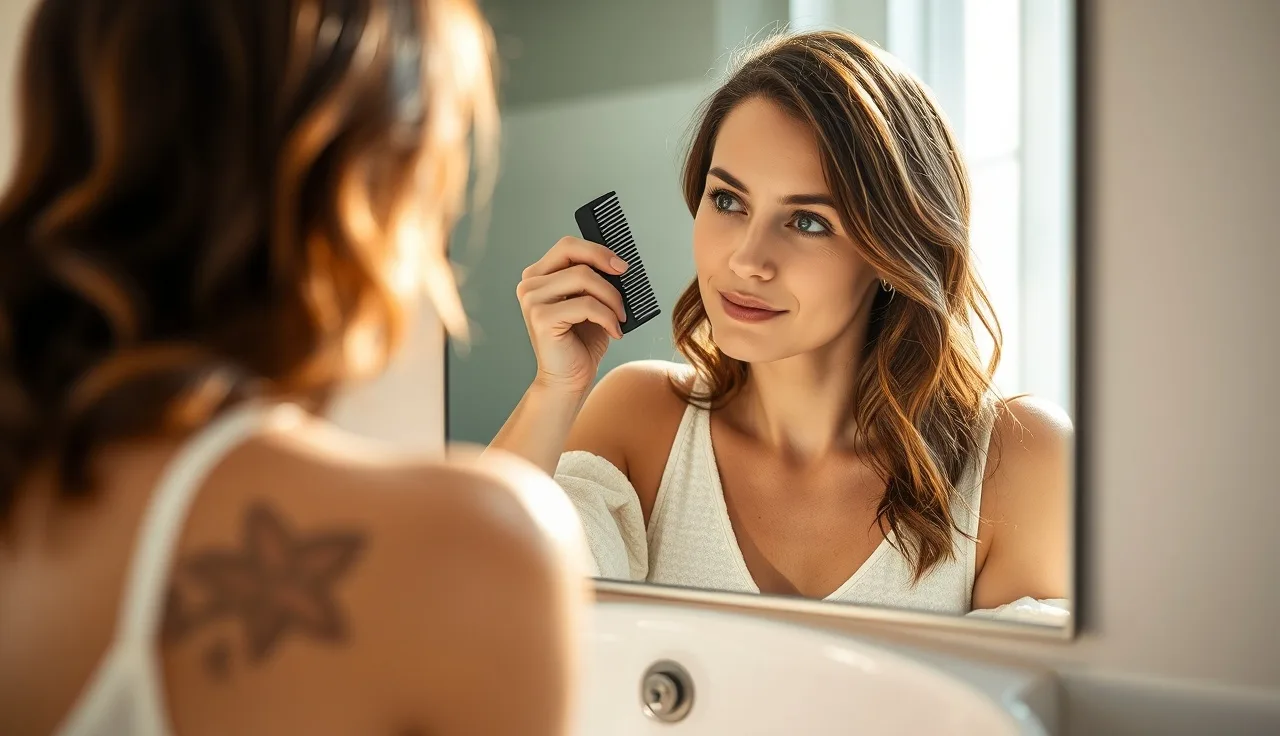 Woman examining shed hair strands at bathroom mirror in morning light