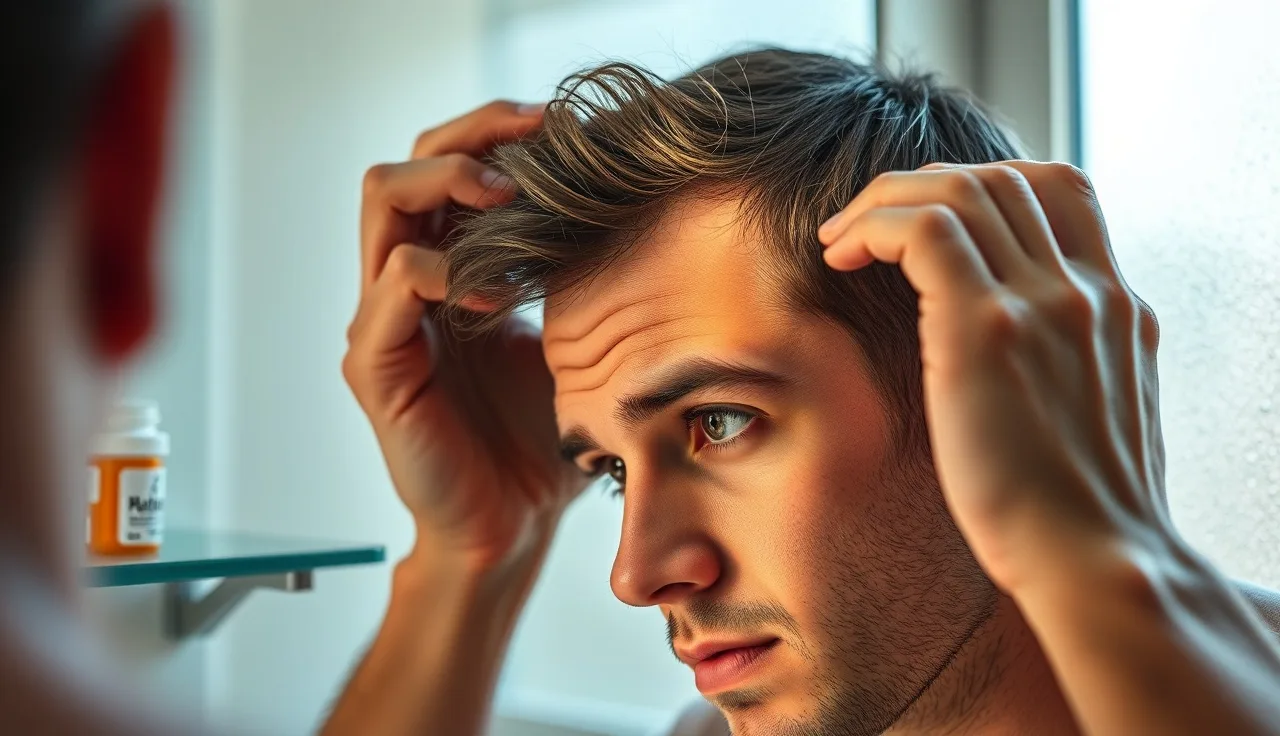 Man examining his hairline in a bathroom mirror in morning light