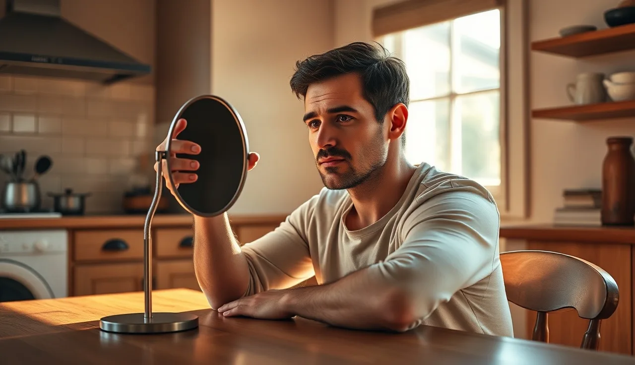 Man using a hand mirror to examine hair thinning at the back of his scalp