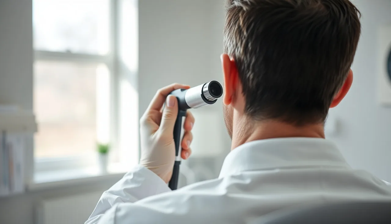 Dermatologist examining a man's donor area with a dermoscope before hair transplant