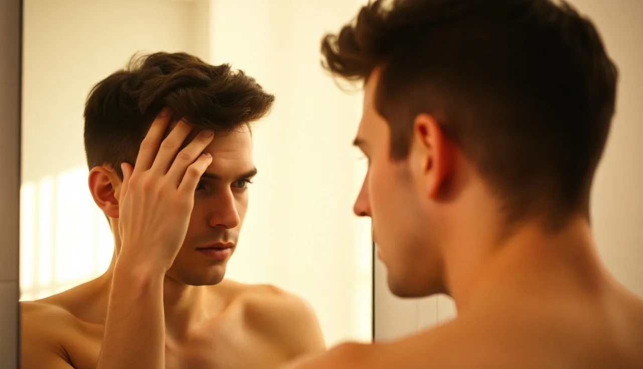 Man examining his receding hairline in a bathroom mirror in morning light