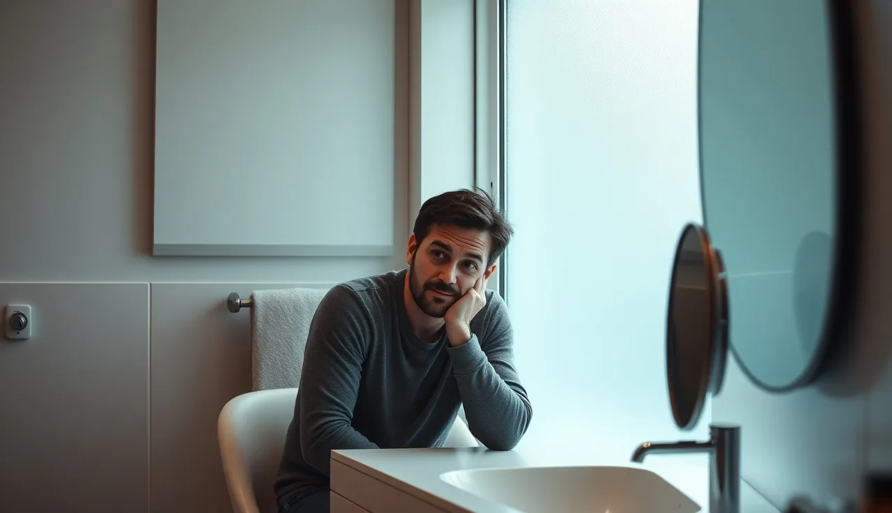 Man looking in bathroom mirror contemplating hair loss treatment decision