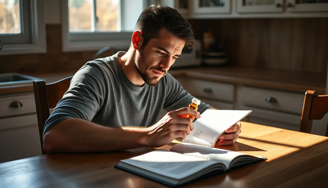 Man at kitchen table examining a prescription bottle while considering finasteride side effect decision