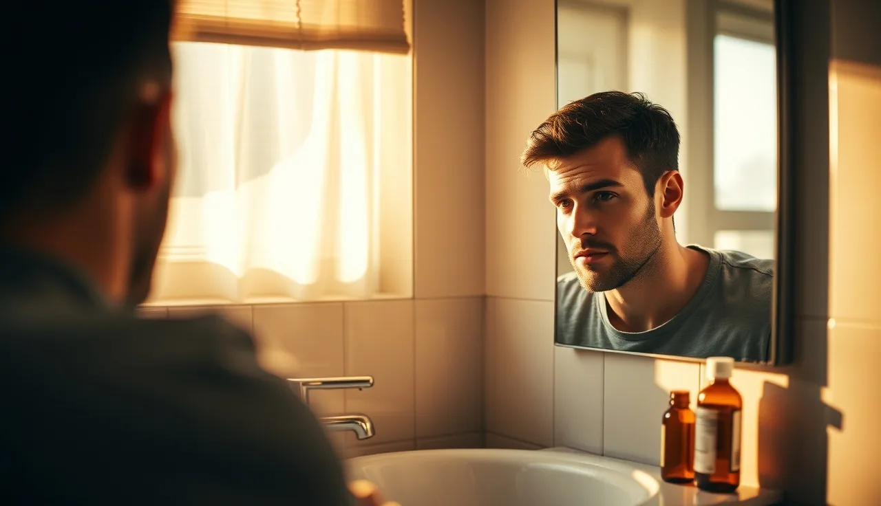 Man examining his hairline in a bathroom mirror while starting hair loss treatment