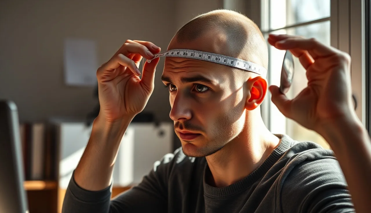 Man measuring hairline recession with a tape measure near a window