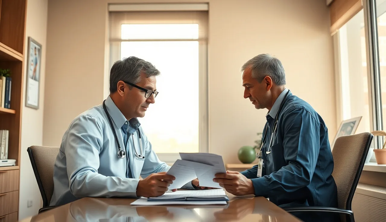 Man and surgeon reviewing hair transplant consultation paperwork at a clinic desk