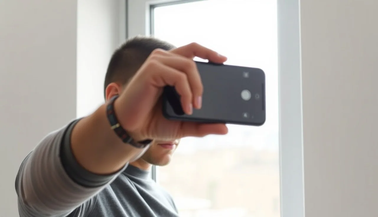 Man using smartphone to photograph his hairline and crown near a window