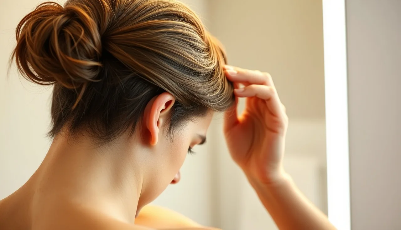 Person parting hair to examine scalp in bathroom mirror before starting hair loss treatment