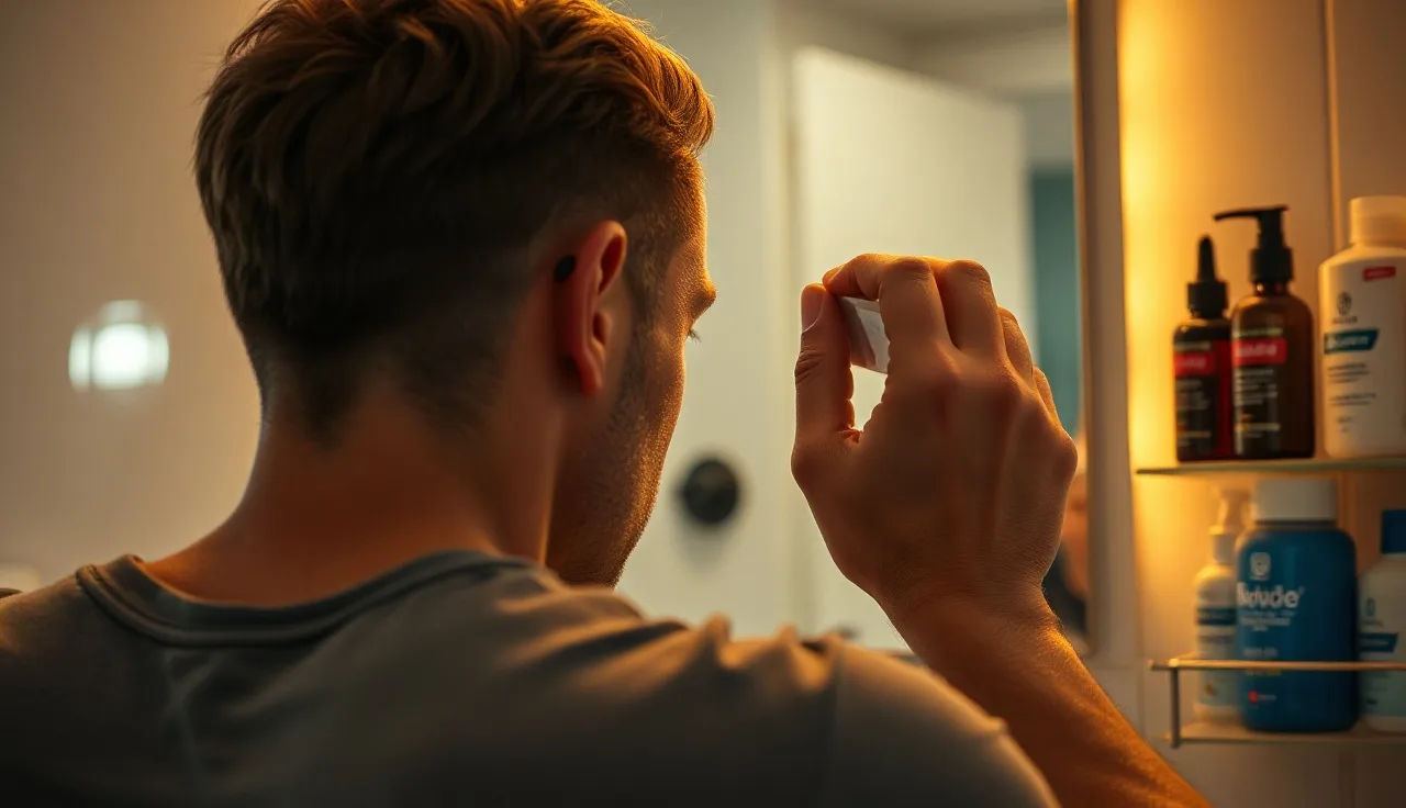 Man examining thinning hairline in bathroom mirror during morning routine