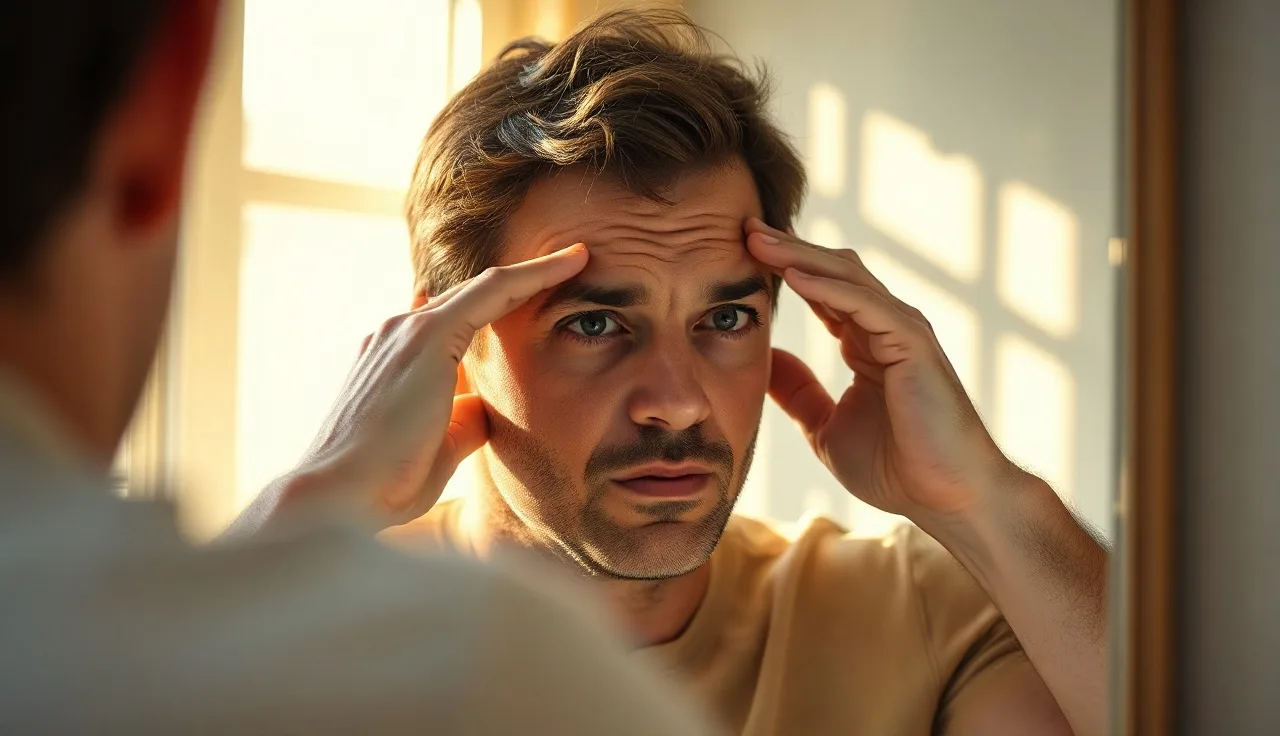 Young man examining his receding hairline in a bathroom mirror